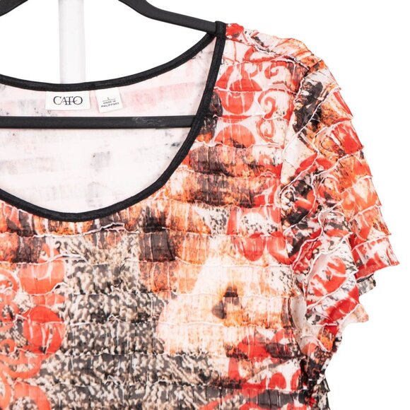 Cato Ruffle Shirt L Womens Abstract Print Short Sleeve Orange Black White Polyes - Picture 2 of 5
